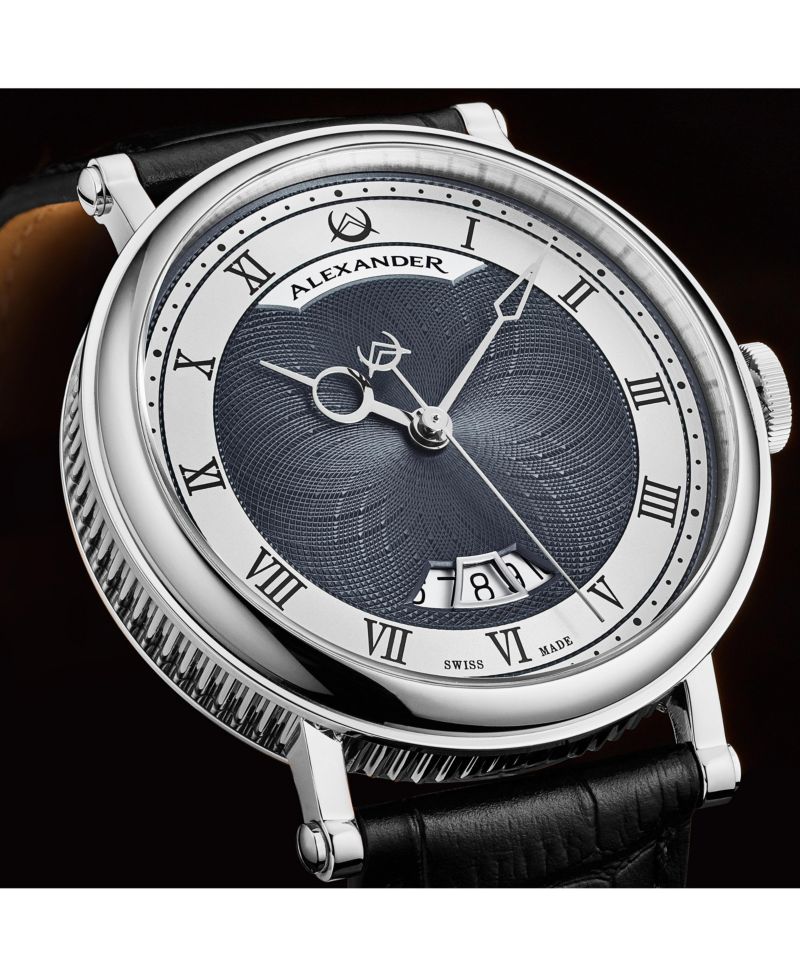 Triumph Men's Swiss Automatic Watch 43mm Silver Tone Stainless Steel Case Blue Dial Sapphire Crystal Black Leather Strap 30M