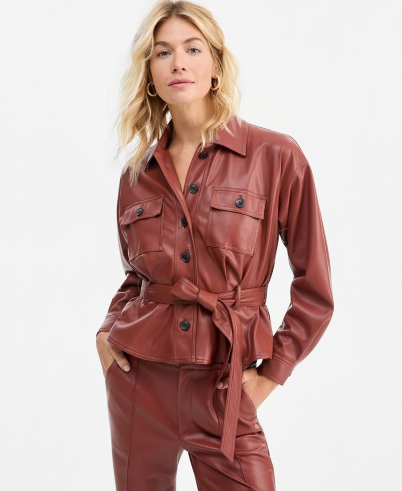 Women's Belted Faux Leather Peplum Shirt Jacket