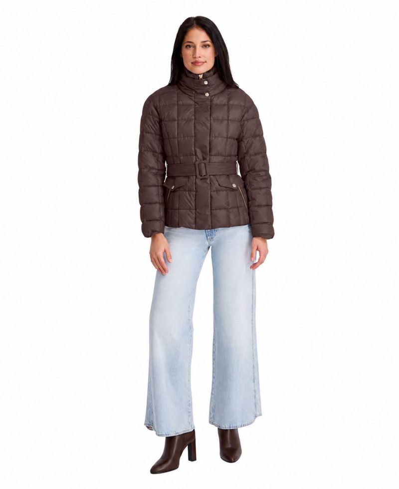 Women's Quilted Puffer Jacket With Self-Tie Waist And Funnel Neck