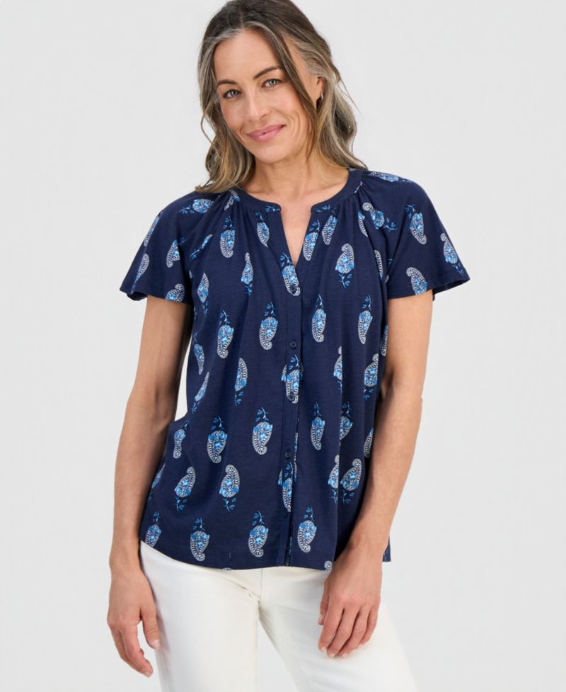 Petite Printed Button-Front Short-Sleeve Top