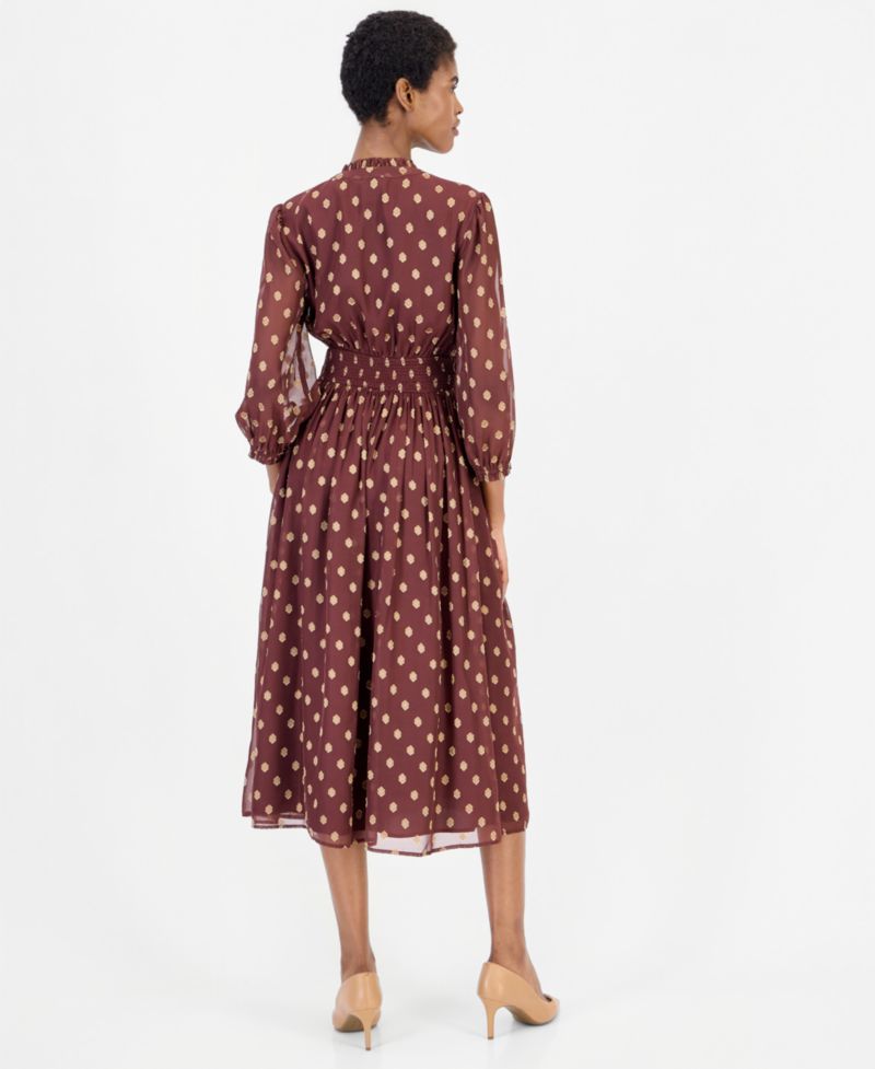 Women's Polka-Dot Ruffle Smocked-Waist Midi Dress