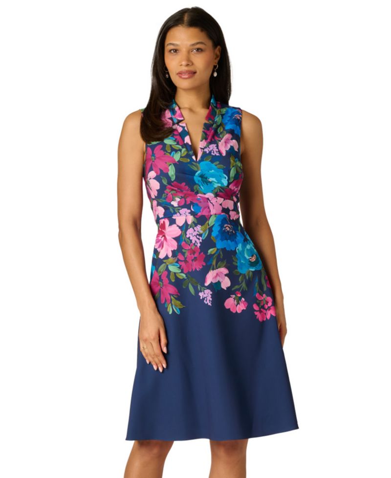 Women's Border Floral Collar Midi Dress