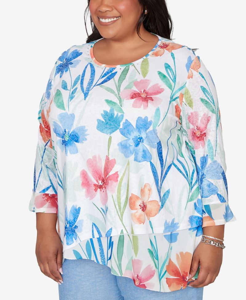 Plus Size Caribbean Blues Whimsical Flower Bell-Sleeve Top