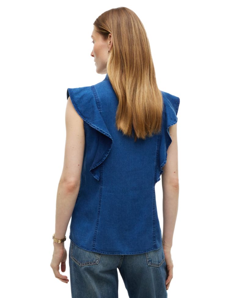 Women's Chambray Frill Sleeveless Button-Front Shirt