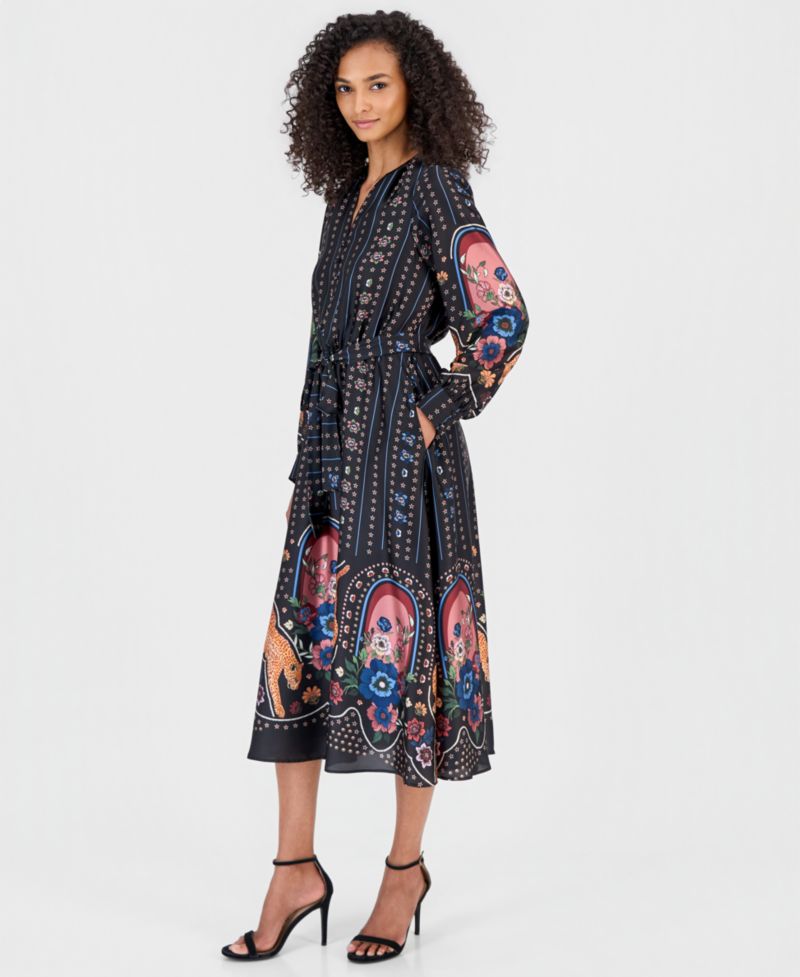 Women's Split V-Neck Long-Sleeve Fit & Flare Midi Dress