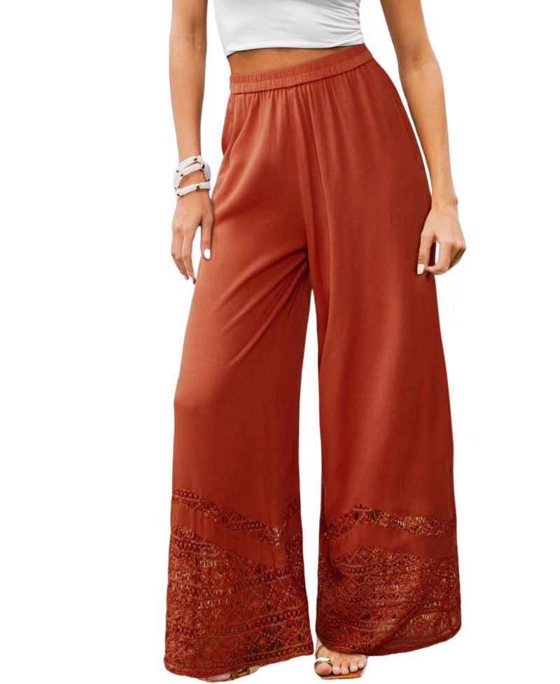 Women's Rust Elastic Waist Lace Trim Wide Leg Pants
