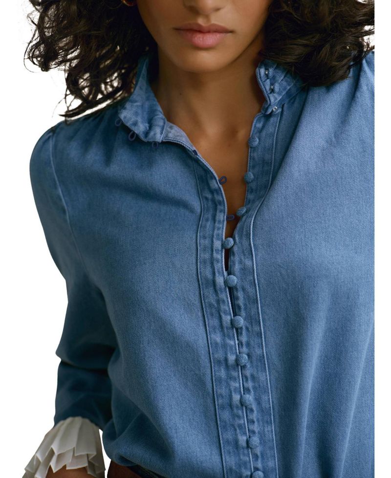 Women's Denim Contrast Cuff Blouse