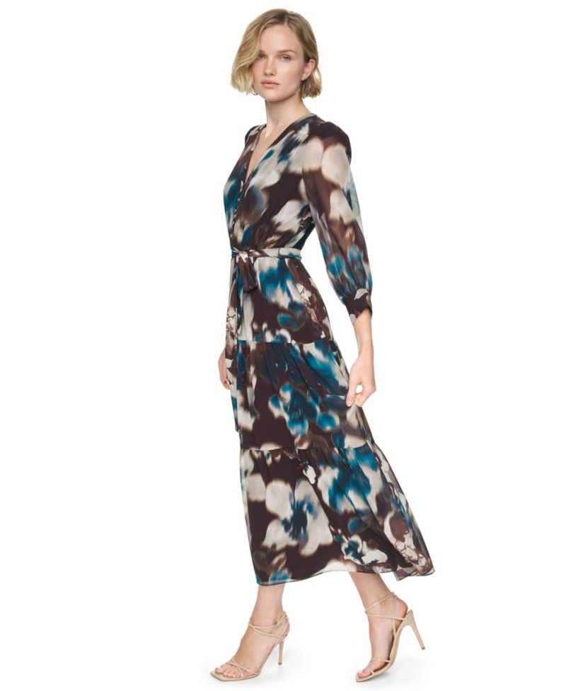 Women's Floral-Print Tiered V-Neck Maxi Dress
