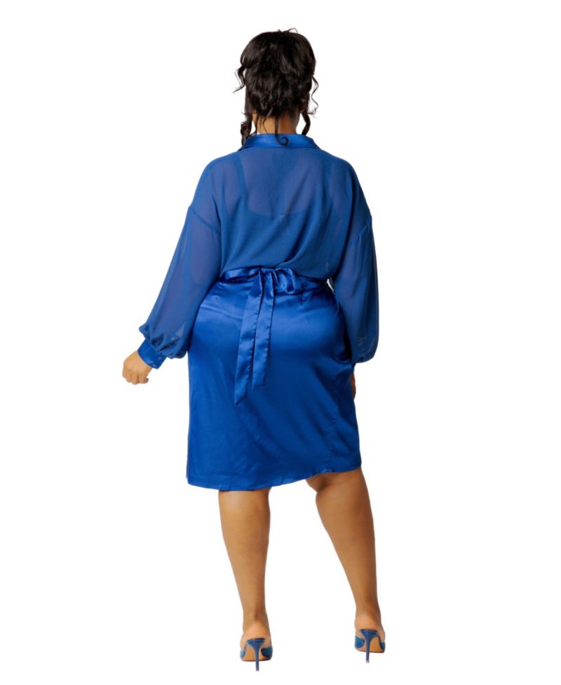 Plus Size Satin Ruffle Peplum Long-Sleeve Top and Skirt Set
