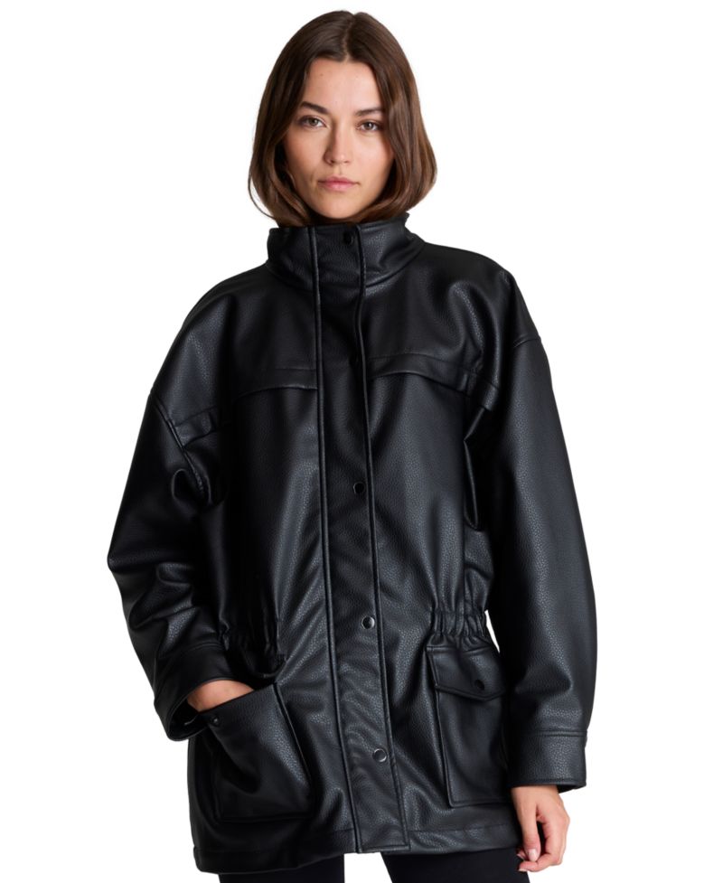 Women's Faux-Leather Cinched-Waist Anorak