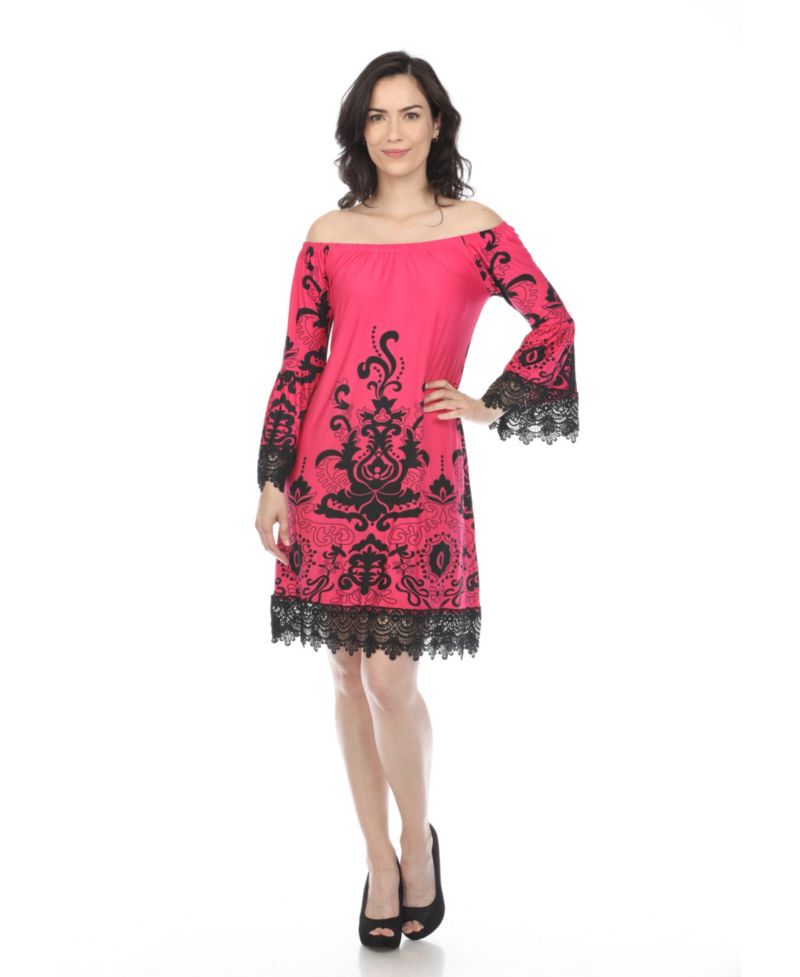 Women's Off-The-Shoulder Printed Bell-Sleeve Lace Hem Dress