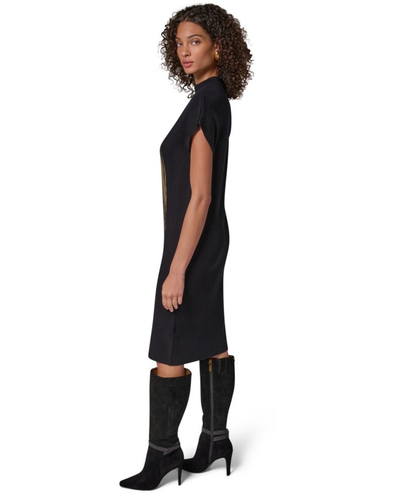 Petite Cap Sleeve Metallic-Print Graphic Midi Sweater Dress