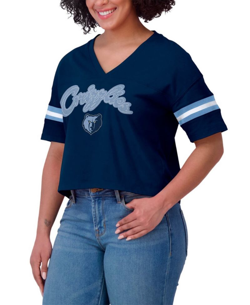 Women's Navy Memphis Grizzlies Plus Size Color Block Boxy V-Neck T-Shirt