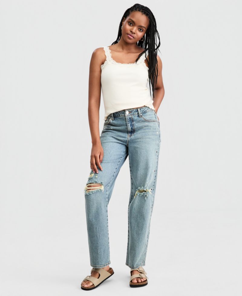 Petite High-Rise Distressed Embellished Straight-Leg Jeans