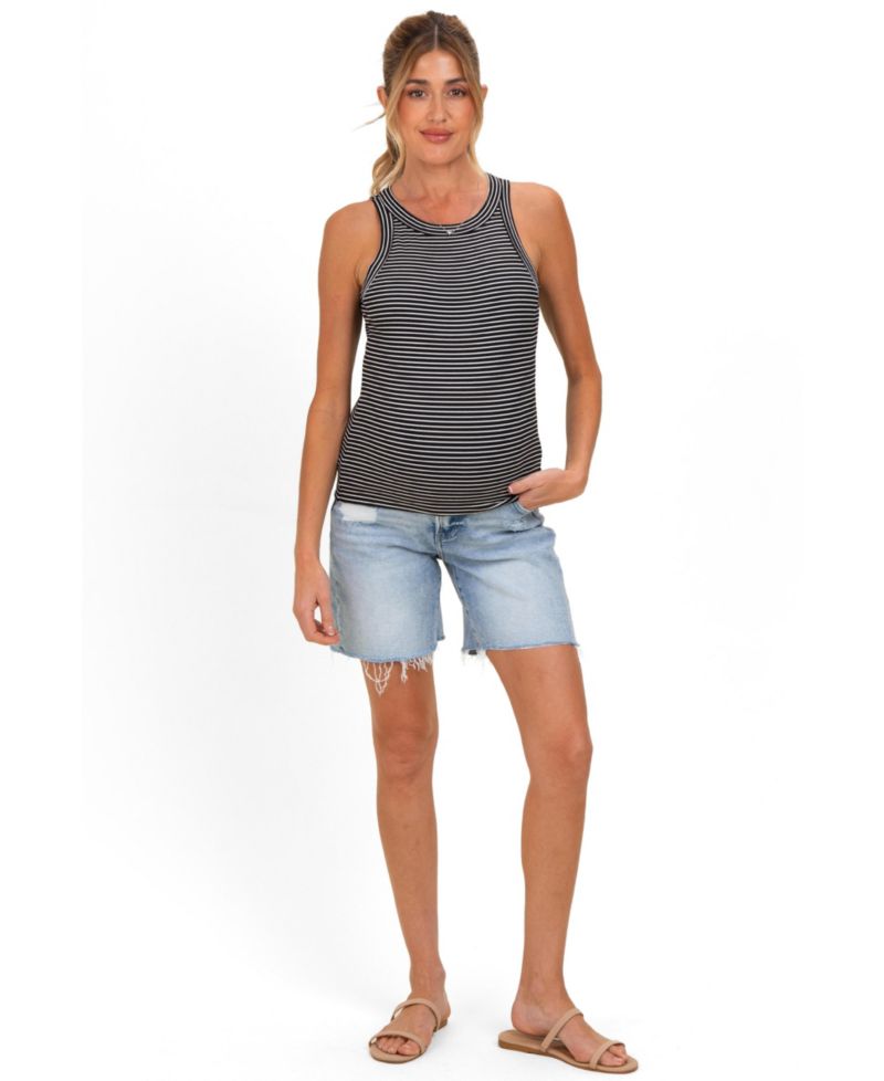 Women's Light Blue Distressed Frayed Hem Midi Jean Shorts