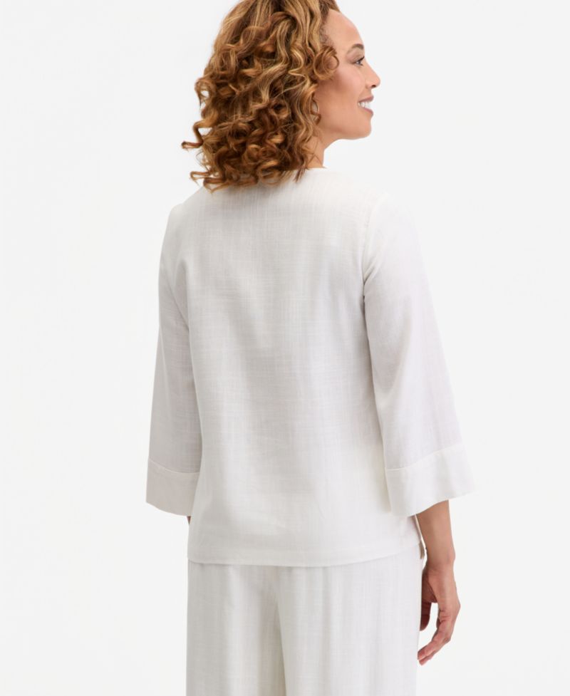 Women's Split-Neck Beaded Linen-Blend 3/4-Sleeve Top