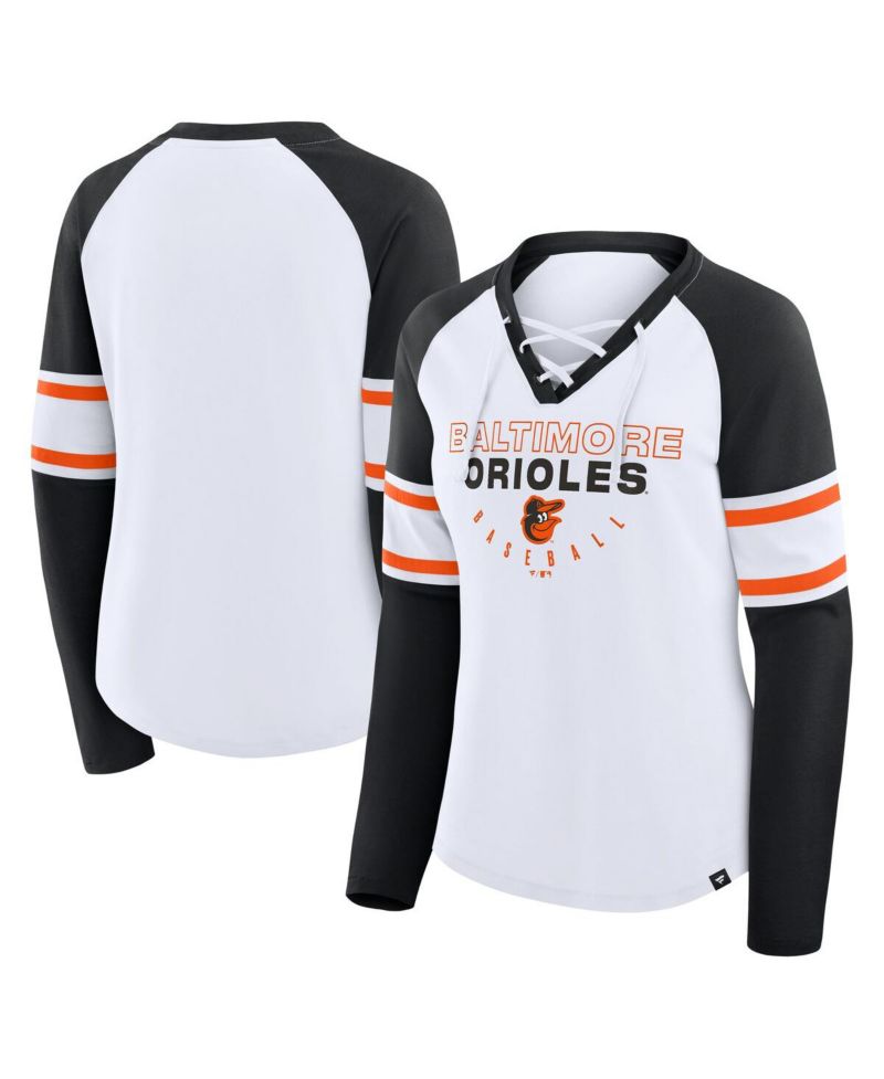 Women's White/Black Baltimore Orioles Blitz Package Raglan Lace-Up V-Neck Long Sleeve T-Shirt