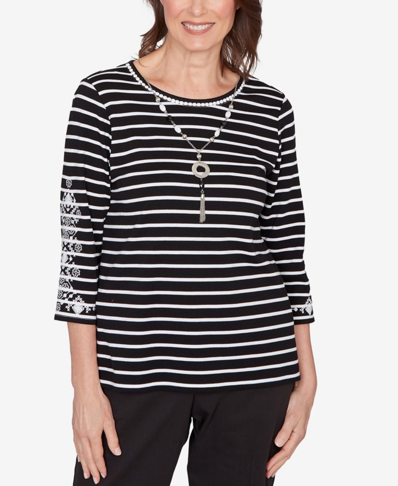 Petite Classic Pinstripe Embroidered Sleeve Top with Necklace