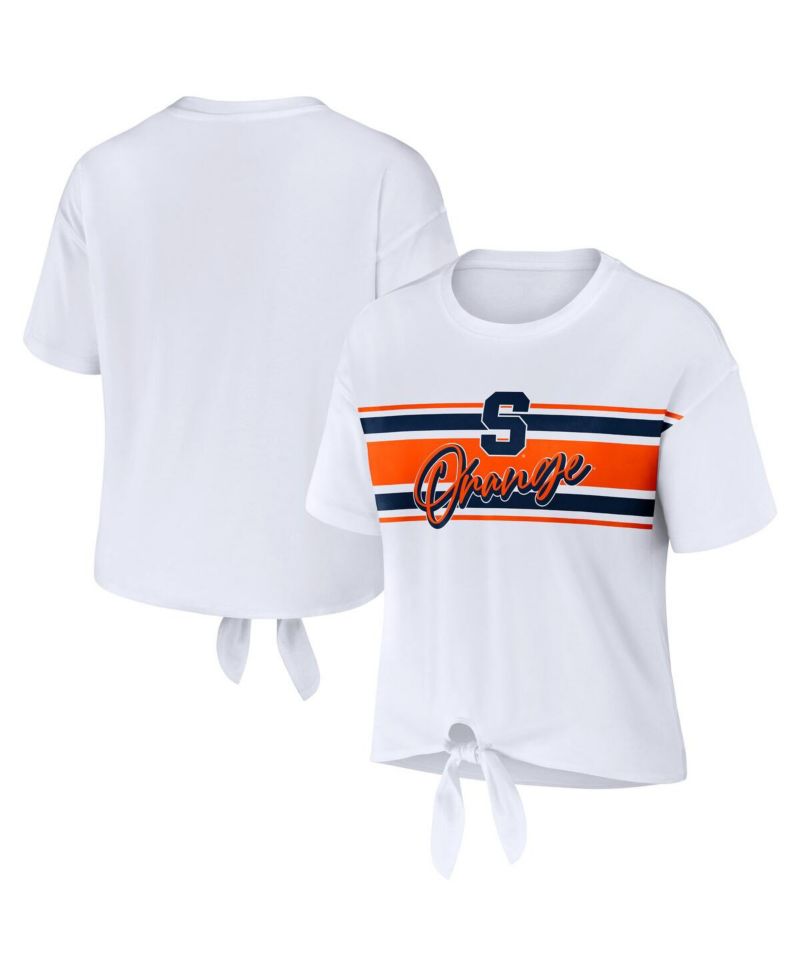 Women's White Syracuse Orange Striped Front Knot Cropped T-Shirt