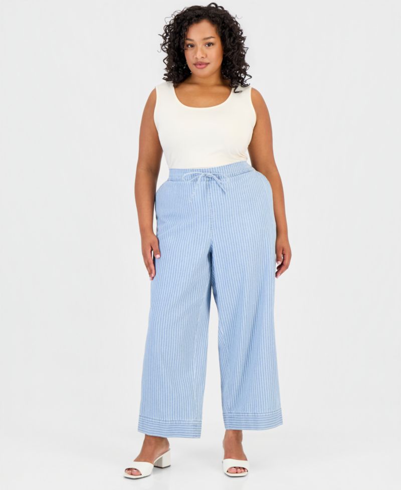 Plus Size Cotton Drawstring Pinstriped Pants