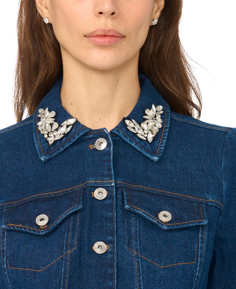 Women's Crystal Collar Puff Sleeve Cropped Denim Jacket