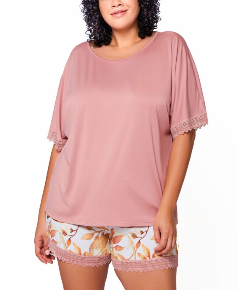 Plus Size 2-Piece Soft Pajama Set Trimmed in Lace
