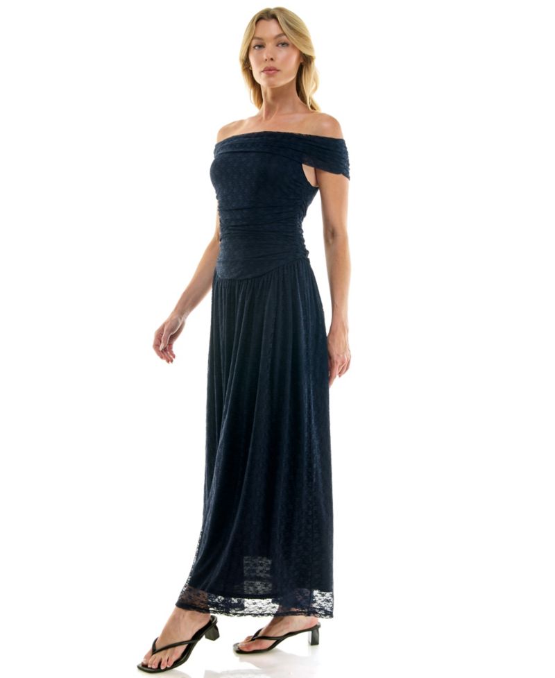 Juniors' Lea Off-the-Shoulder Lace Ruched Maxi Dress