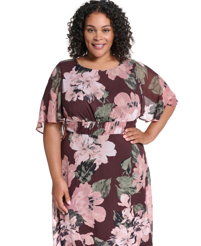 Plus Flutter-Sleeve Floral Chiffon Fit & Flare Dress
