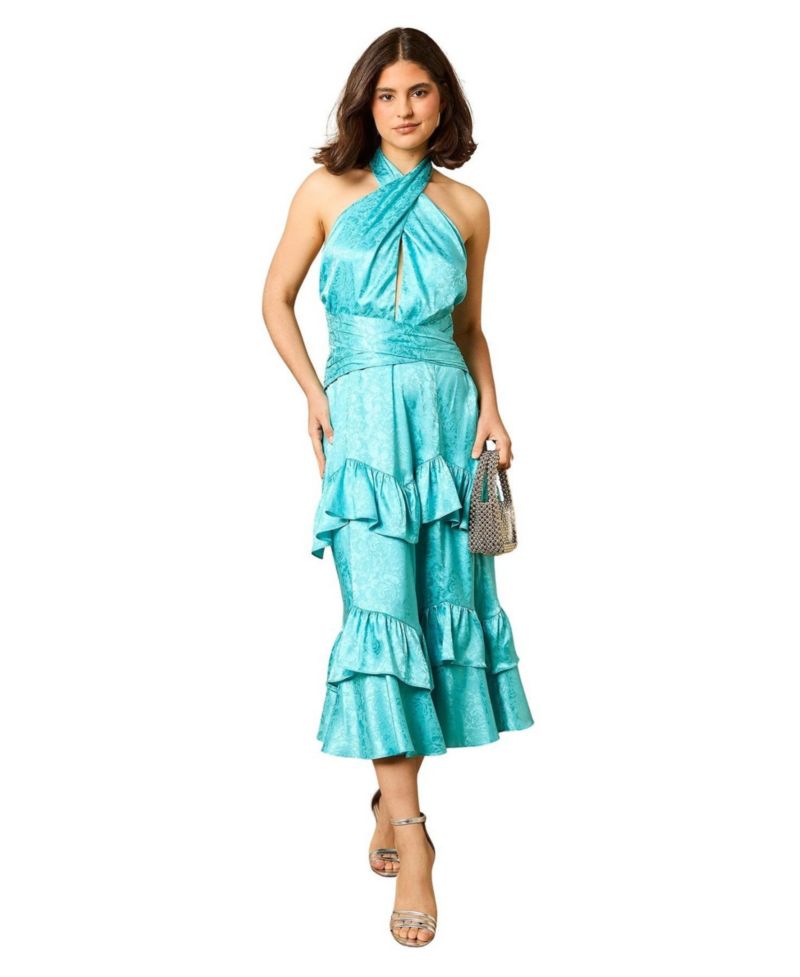 Women's Halterneck Satin Jacquard Midi Dress