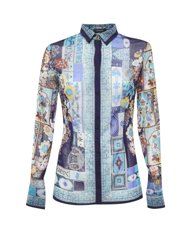 Women's Printed Silk Patchwork Button-Down Shirt