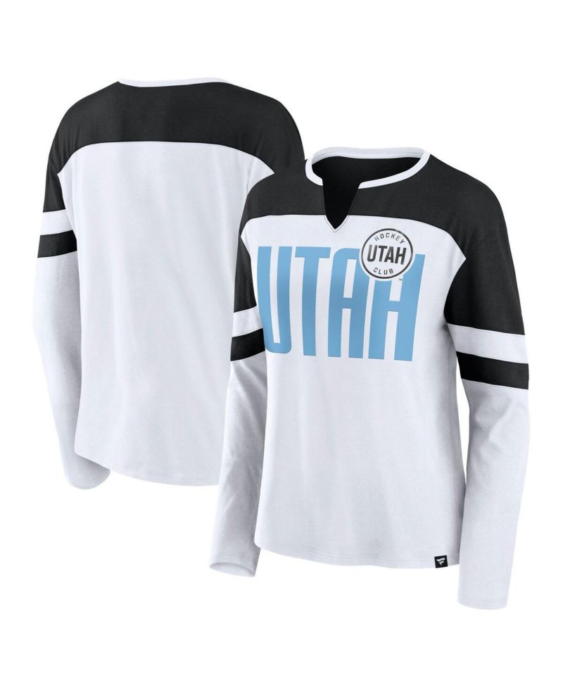 Women's White/Black Utah Hockey Club Frozen Notch Neck Long Sleeve T-Shirt