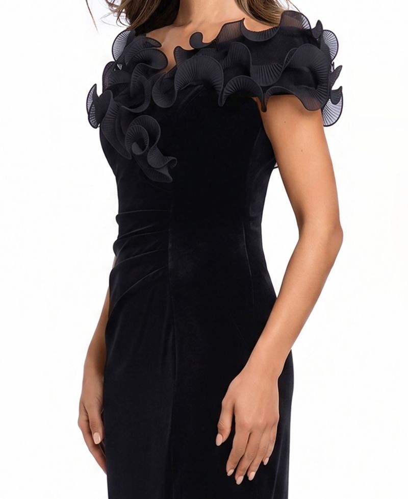 Women's Velvet Off-the-Shoulder Ruffled Long Gown