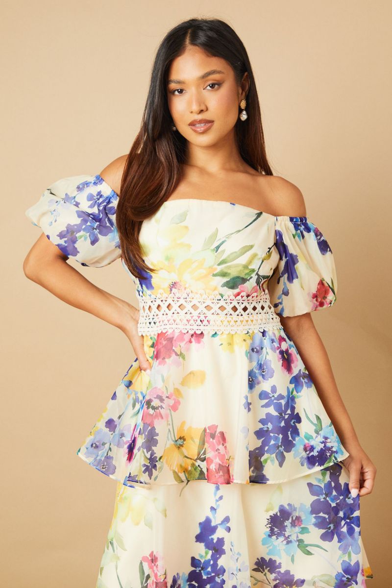 Women's Floral Bardot Midi Dress