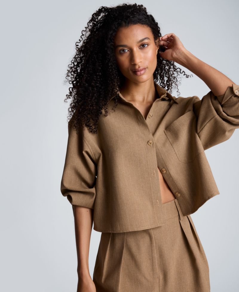 Women's Oversized Collared Long-Sleeve Crop Shirt
