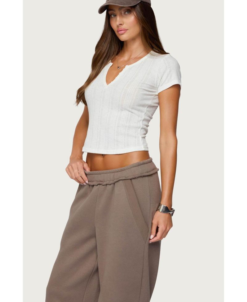 Women's Semi Sheer Ribbed V Neck T Shirt