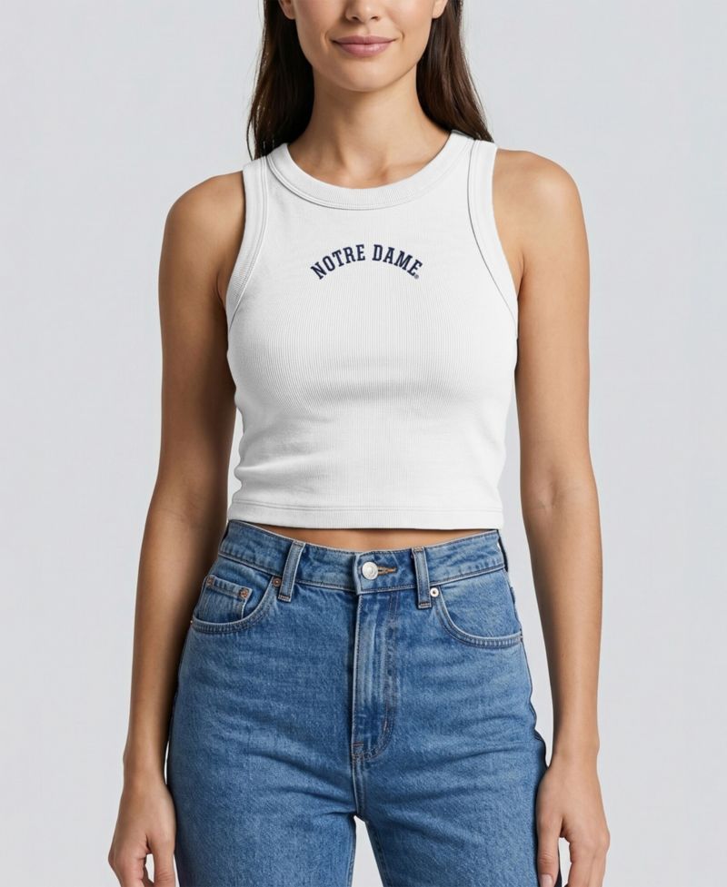 Women's White Notre Dame Fighting Irish Upside Down Embroidery Ribbed Cropped Tank Top