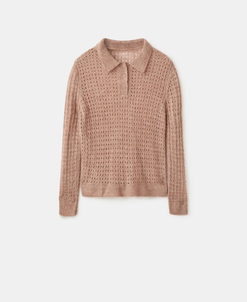 Women's Openwork Knitted Polo-Neck Sweater