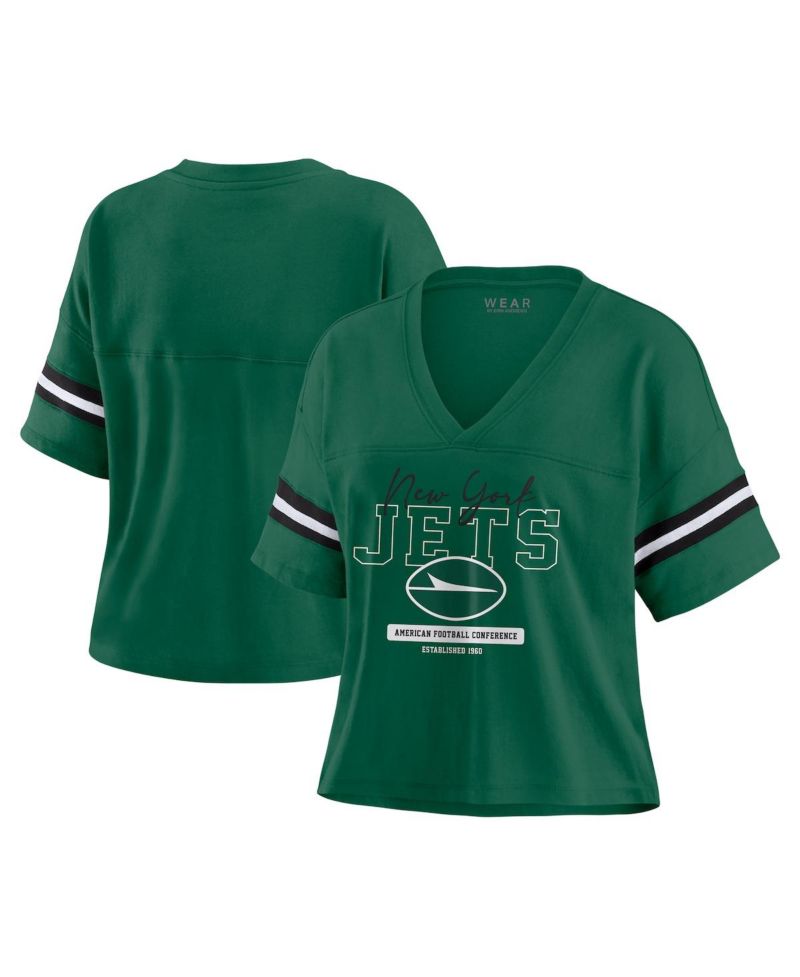 Women's Green New York Jets Color Block Boxy Modest Crop V-Neck T-Shirt