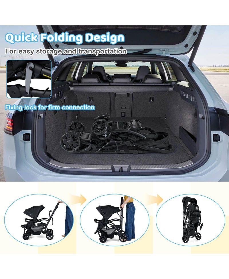 Sit and Stand Double Stroller with Adjustable Handle Bar Backrests Footrest Canopies