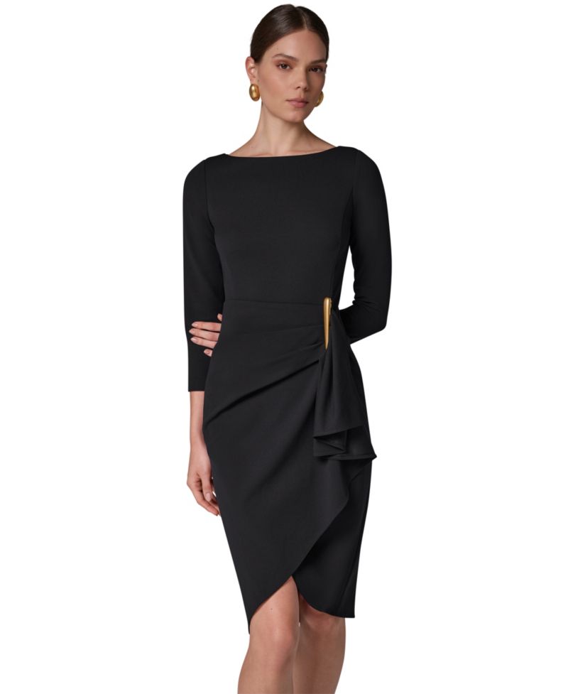 Petite Long-Sleeve Boat-Neck Side Cascade Ruffle Dress