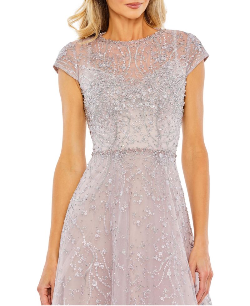 Women's Embellished High Neck Cap Sleeve A Line Dress