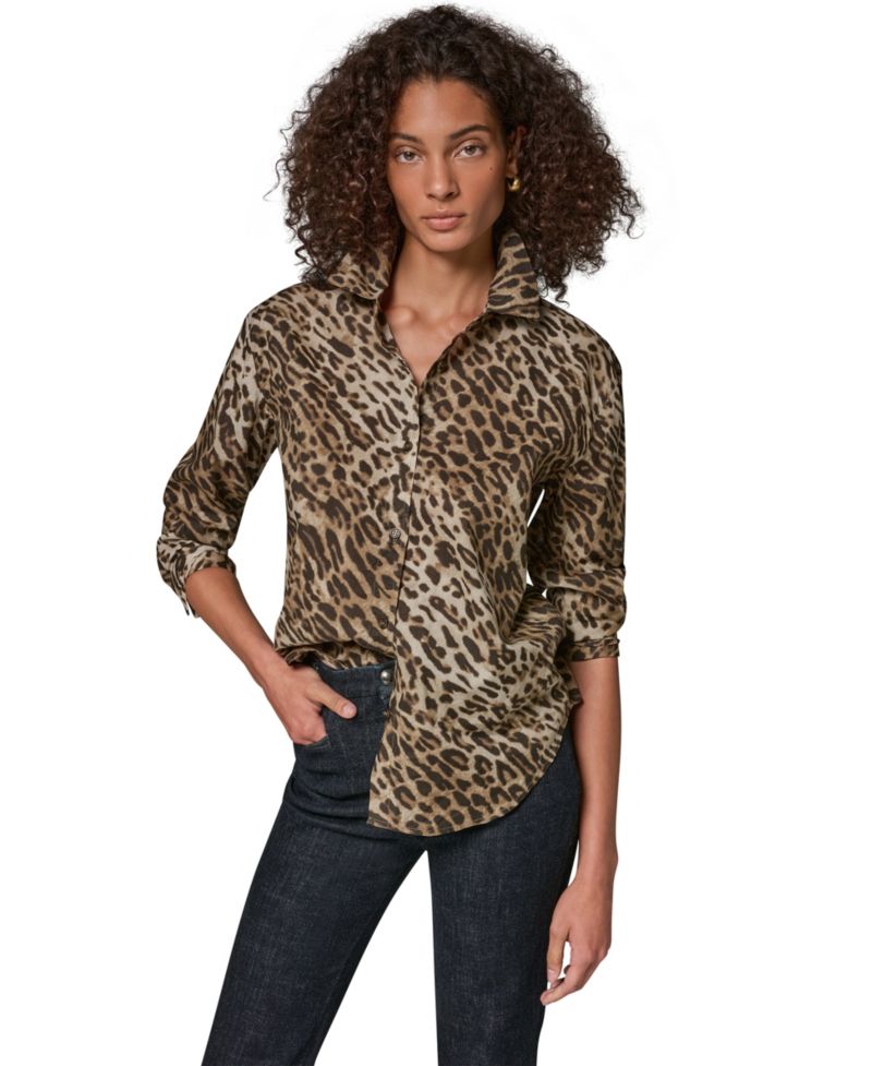Women's Leopard-Print Collared Voile Long-Sleeve Blouse