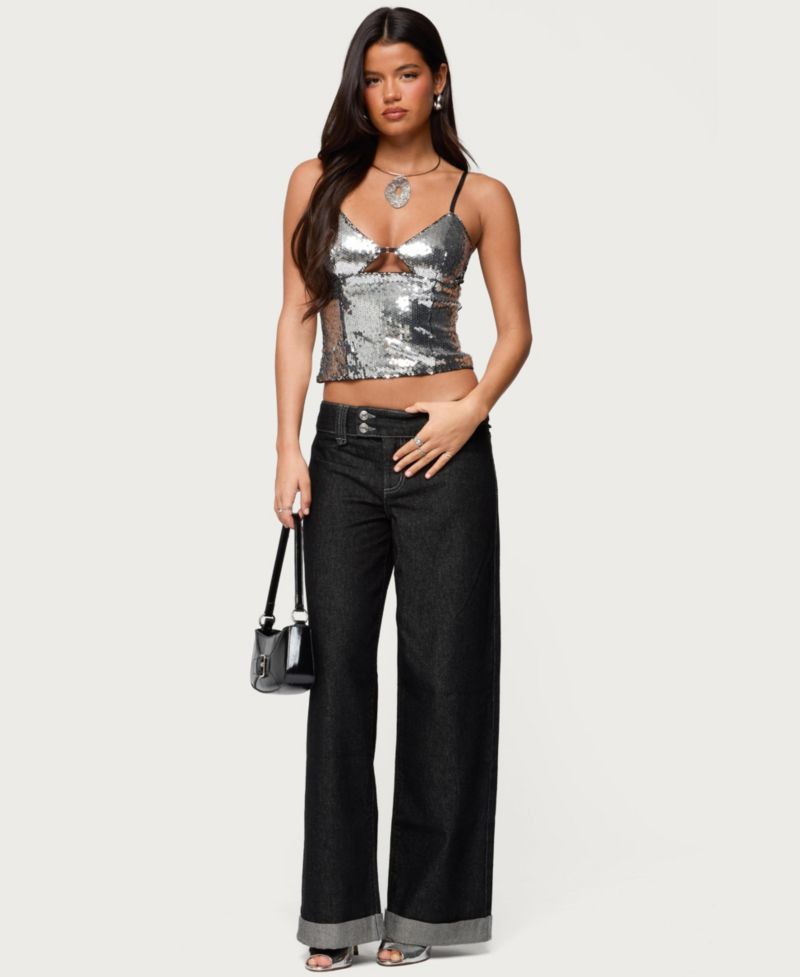Womens Rokko Cut Out Sequin Top