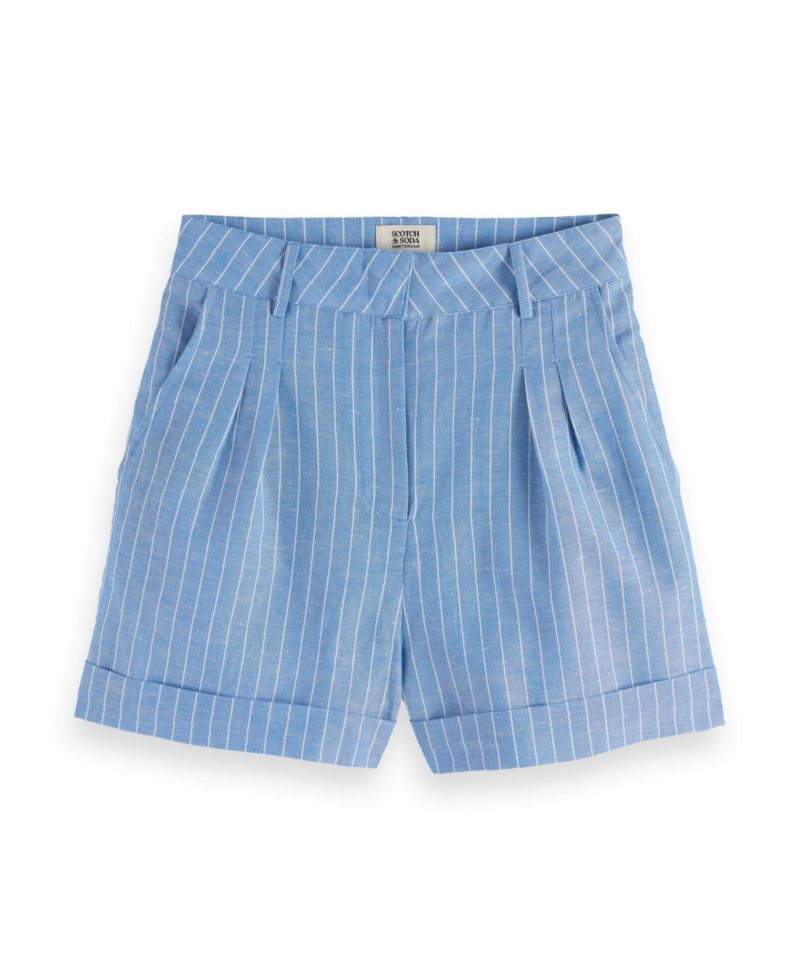 Women's High Rise Linen Printed Shorts, Blue and White Pin Stripe, XSmall