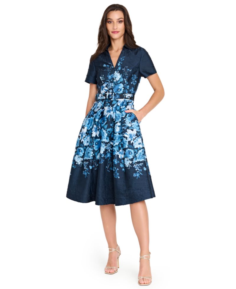 Women's Belted Floral-Print V-Neck Midi Dress