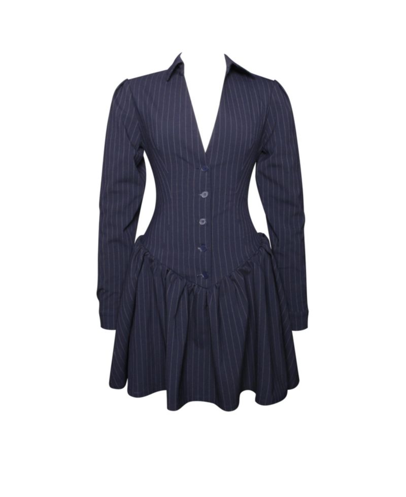 Women's Xabrina Navyblue Pinstripe Long Sleeve Shirt Mini Dress