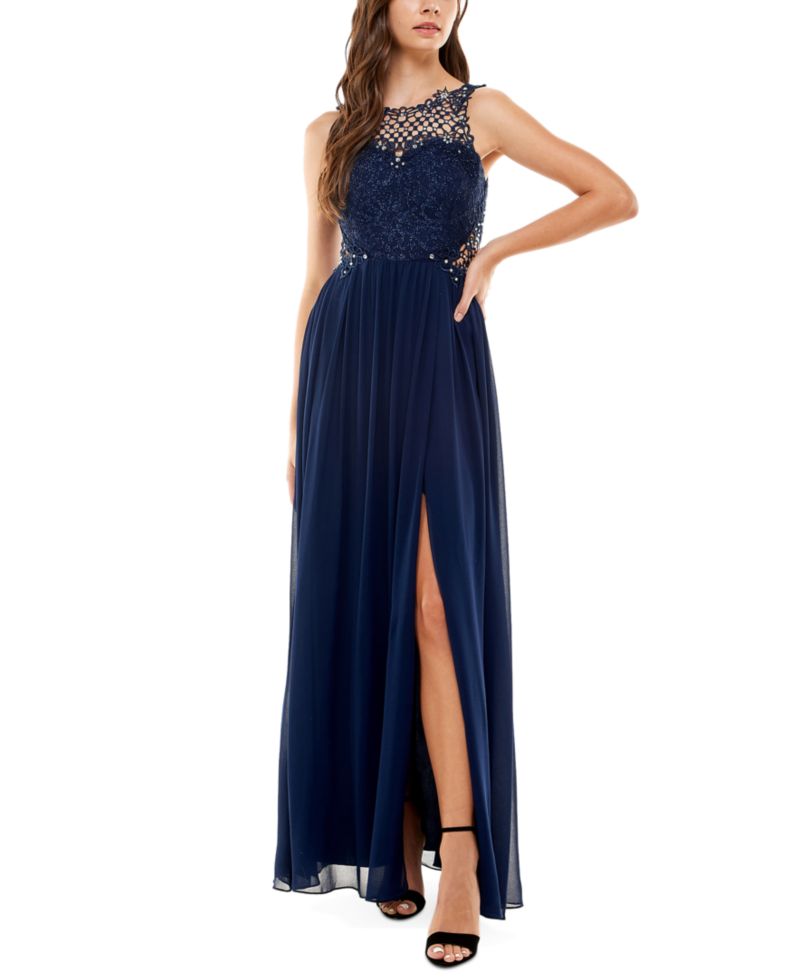 Juniors' Embellished Illusion Tulip Gown