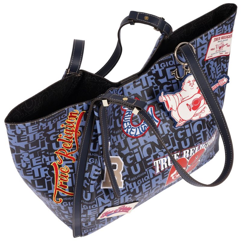 Women's Multi Patch Graphic Tote Bag with Buddha Charm and Adjustable Shoulder Straps