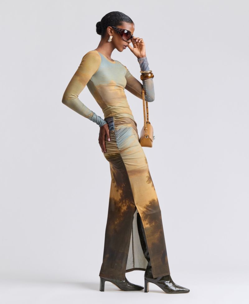 Women's Scoop Neck Long-Sleeve Shirred Waist Maxi Dress