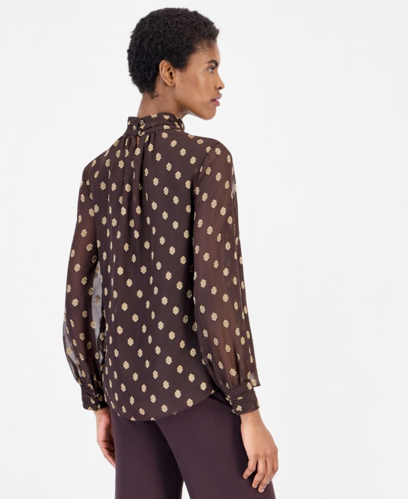 Women's Long-Sleeve Mock Neck Keyhole Blouse